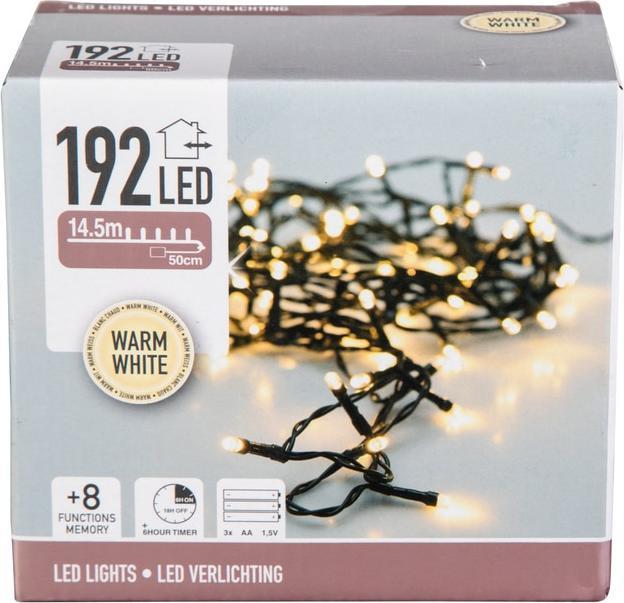 Produktbild Nampook ŁAŃCUCH LED 192L CIEPŁY na baterie 14,5m +8FUNKCJI,TIMER 3x AA 1,5V (14.50 m)