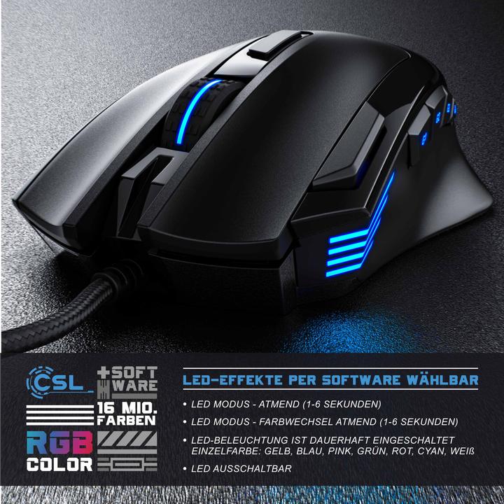 Produktbild CSL Gaming Maus kabelgebunden, 125 dpi, optische Gaming Maus, Farbwechsel, 9 Tasten, 600 bis 4800dpi (Kabelgebunden)