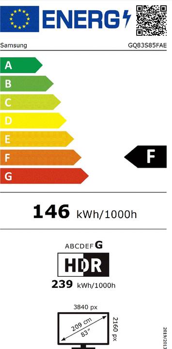 Energy Label Samsung 83" OLED S85F 4K Vision AI Smart TV (2025) (83", S85F, OLED, 4K, 2025)