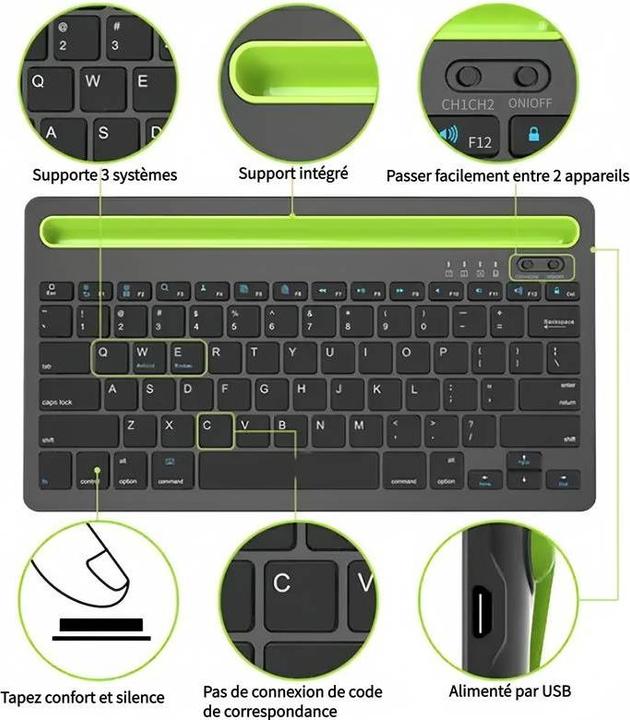 Image du produit PhoneLook Clavier sans fil Bluetooth 3.0 ultra-mince Android & iOS rechargeable USB & switch multi-connexion ( (ING. Int., Sans fil)