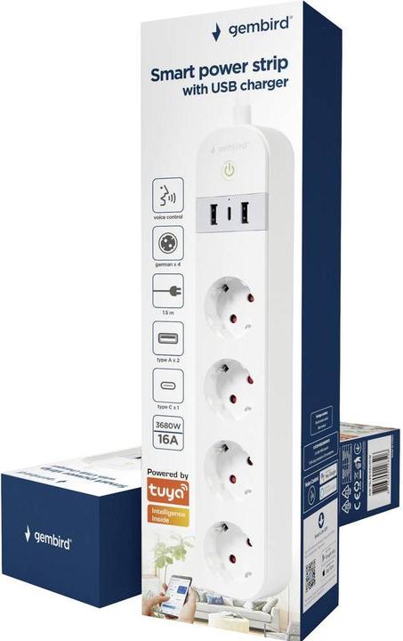 Produktbild Gembird Smart Steckdosenleiste mit USB-Ladegerät 4 französische Steckdosen Weiss (4 x, CEE 7/5, 1.50 m)