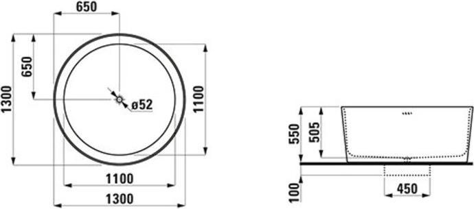 Produktbild Laufen Badewanne VAL 1300x1300mm, rund, freistehend weiss (460 l, 130 cm, 130 cm)