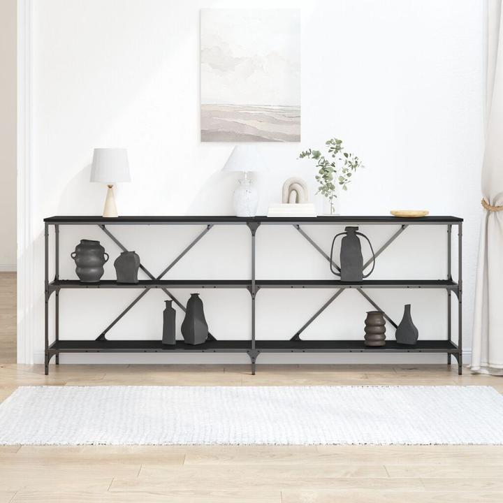 Produktbild VidaXL Konsolentisch Schwarz Eiche 200x30x75 cm aus Spanplatte und Stahl (200 x 30 x 75 cm)