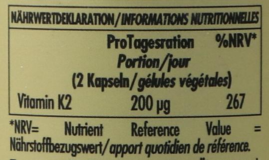 Nährwerte und Zutaten Solgar Vitamine K2 (neu) Kaps (50 Stück, Kapseln, 138 g)