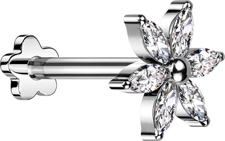 Star Piercing Micro Threadless Labret Blume silber Blume silber Kristalle silber (ohne Messing, Titan G23)