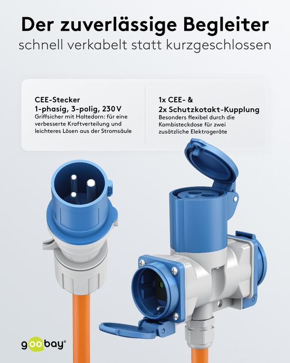 Produktbild Goobay CEE-Adapterleitung, CEE-Stecker auf 1x CEE-Kupplung und 2x Schutzkontakt-Kupplung, 1,5 m (CEE 7/7)