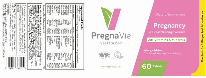 Valeurs nutritives et ingrédients Vegetology PregnaVie Pregnancy & Breastfeeding Formula (60 pièce(s), Cachets)