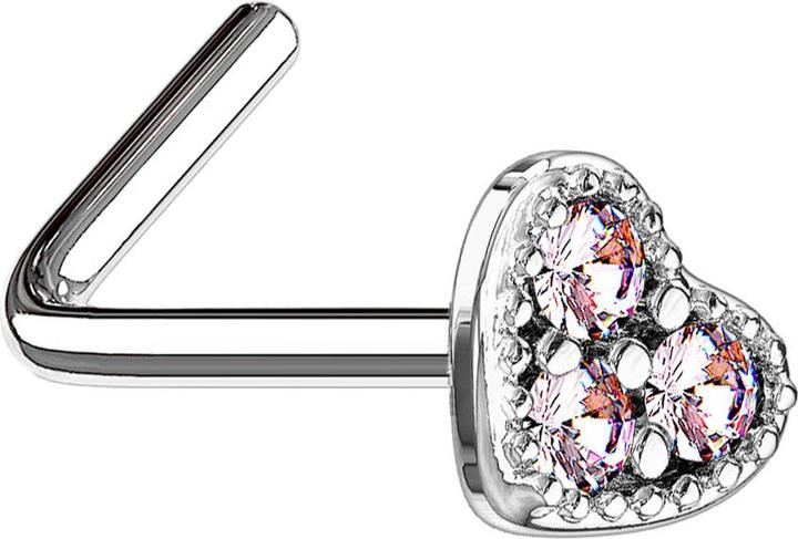 Star Piercing Nasenstecker gewinkelt silber Herz Kristall pink (Messing, Chirurgenstahl 316L)