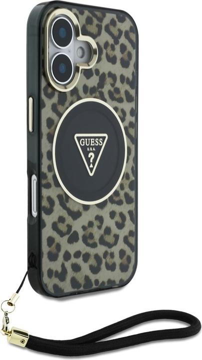Actual product image Guess HC IML Leopard Triangle Cord Strap MagSafe iPhone 16 Case - Brown (Apple iPhone 16)