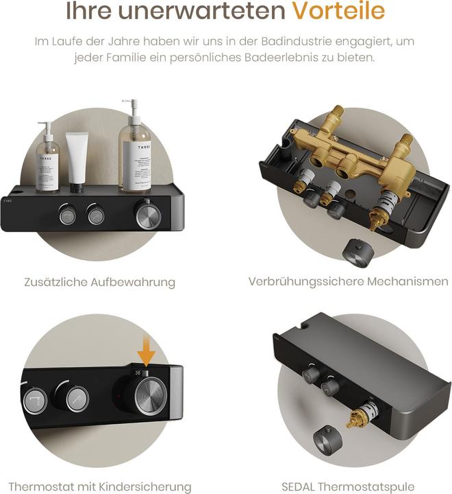 Produktbild Emke Duschset mit Thermostat Anthrazit Matt Duscharmatur Komplettset Komplette Duschset inkl 3 Strahlarte