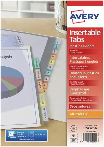 Image du produit Avery Intercalaires à onglets, 6 touches, PP, transparent dimensions : A4, couleur touches assorti, 180