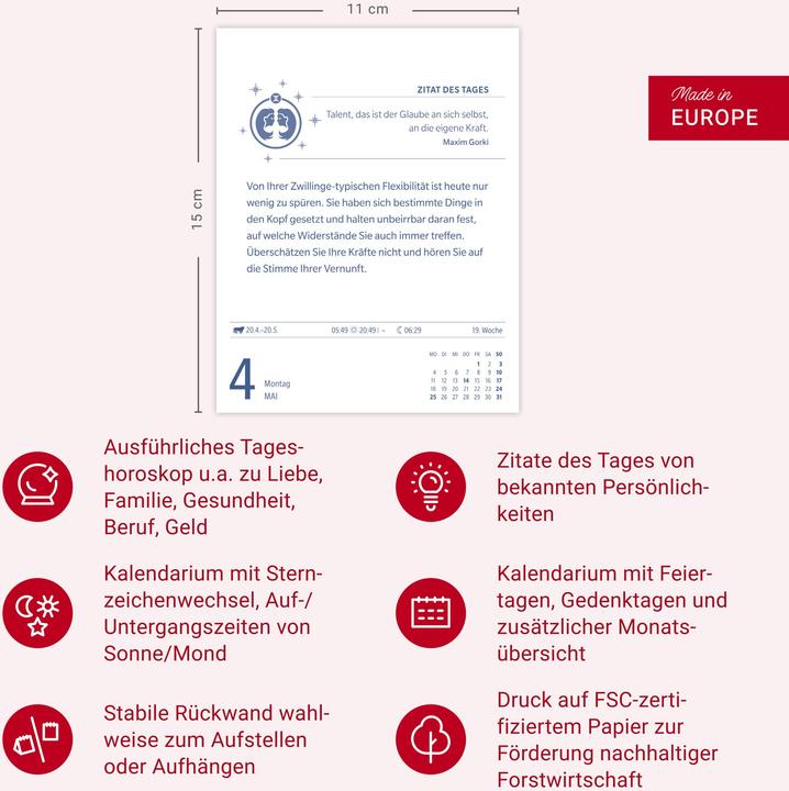 Produktbild Harenberg Zwillinge Sternzeichenkalender 2026 - Tagesabreisskalender - Ihr Horoskop für jeden Tag (Harter Einband, Deutsch)