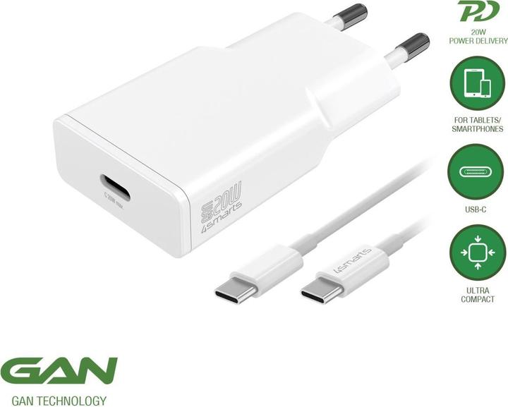 Immagine prodotto 4smarts Caricabatterie PDPlug Slim 20W GaN 1C e cavo USB-C 1,5m bianco (20 W)