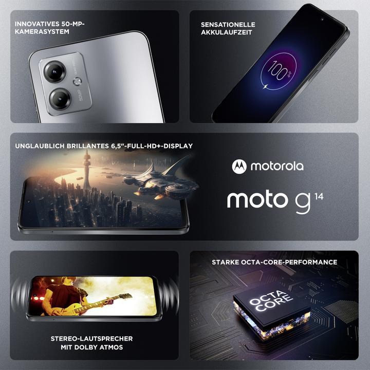 Image du produit Motorola Moto G14 (128 Go, Gris acier, 6.50", Double SIM, 50 Mpx, 4G)