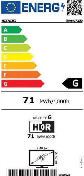 Energy Label Hitachi TV 50HAL7250 Android TV (50", LCD, 4K, 2020)