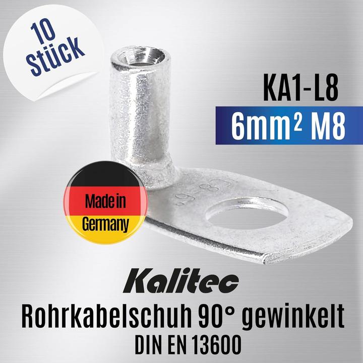 Produktbild Kalitec 10 Stück KA1-L8 Handelsübliche Rohrkabelschuhe gewinkelt 6mm² M8 I ohne Sichtloch I 90° I Ma