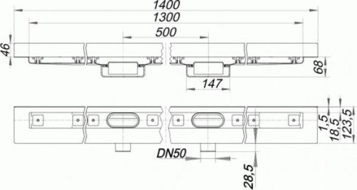 Actual product image Dallmer shower channel CeraLine Nano W 1300mm, 524799, DN 50 height 68mm (1530 mm)