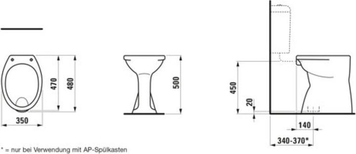 Actual product image Laufen Albonova pedestal toilet, flat bowl, vertical outlet, with flushing rim, 480x350x500mm, H8219