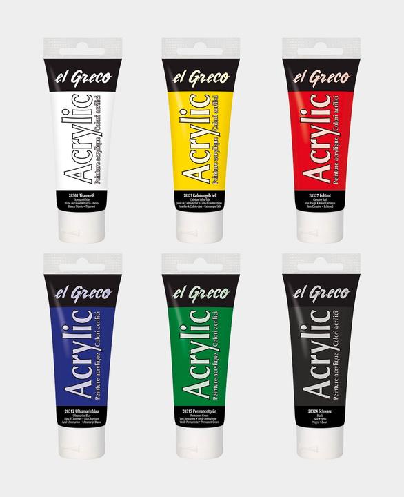 Immagine prodotto Kreul el Greco Set di 6 acrilici (Blu oltremare, Bianco di titanio, Giallo cadmio, Verde permanente, Nero, Rosso reale, 450 ml)