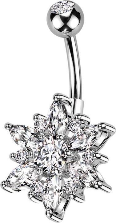 Star Piercing Banane silber mit Kugel silber Kristall silber und Blume Kristalle silber und silber (Chirurgenstahl 316L, Messing)