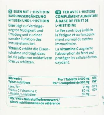 Valeurs nutritives et ingrédients Biosana Fer avec L-histidine en comprimés (120 comprimés) (120 pièce(s), Cachets, 80 g)