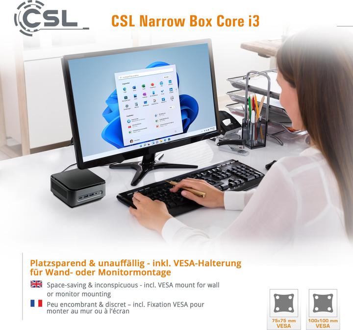 Immagine prodotto CSL Mini PC Narrow Box Core i3 / 32GB / 1000 GB M.2 SSD / Win 11 Home (Intel Core i3-N305, 32 GB, 1000 GB, Grafica Intel UHD)