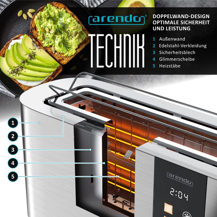 Actual product image Arendo Toaster Edelstahl 2 Scheiben Langschlitz, Touch Display, Restzeit & Bräunungsgradanzeige, 1000 W (EU plug)