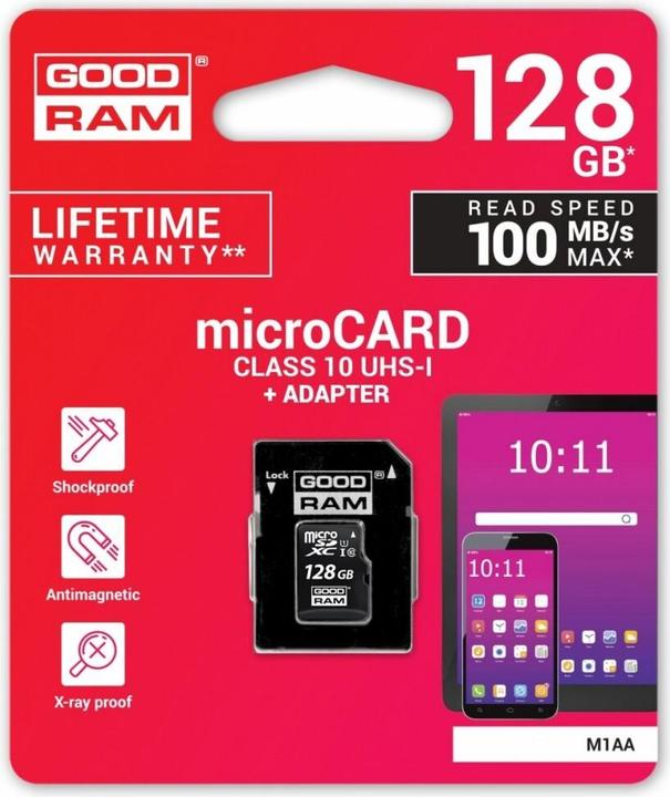 Actual product image Goodram M1AA-1280R12 - 128 GB - MicroSDXC - Class 10 - UHS-I - 100 MB/s - 10 MB/s (128 GB, microSDXC, U1, UHS-I)