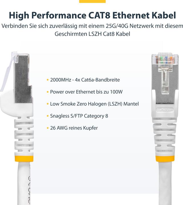 Actual product image StarTech com 12m White CAT8 Ethernet Cable, Snagless RJ45, 25G/40G, 2000MHz, 100W PoE++, S/FTP, 26AW (S/FTP, CAT8.1, 12 m)