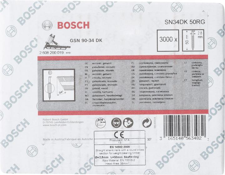 Nährwerte und Zutaten Bosch Professional Zubehör D-Kopf Streifennagel SN34DK 50RG, 2,8 mm, 50 mm, verzinkt, gerillt