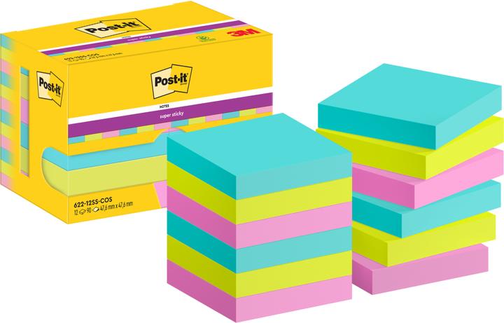Produktbild Post-it Super Sticky Miami Haftnotizen extrastark farbsortiert 12 Blöcke (47.6 x 47.6 mm)