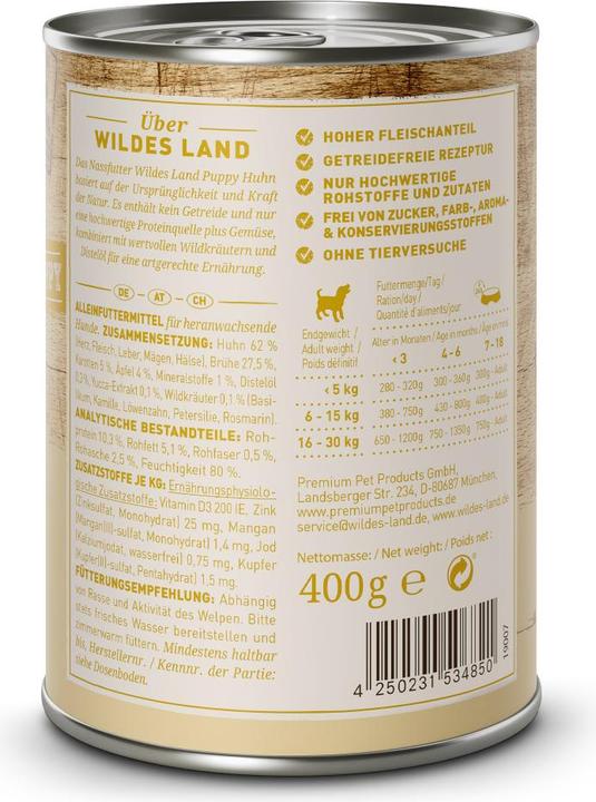 Produktbild Wildes Land Nassfutter Dog Puppy Huhn mit Karotte & Apfel, 400 g (Welpe + Kitten, 6 Stk., 466 g)
