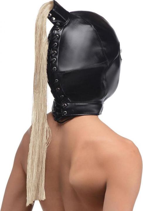 Actual product image XR Brands Blonde Pferdeschwanz Bondage Haube Schwarz