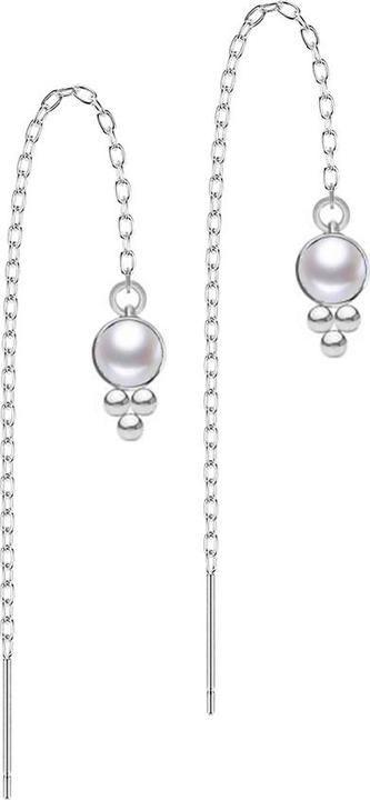 Star Piercing Ohrstecker silber freifallende Kette Perle weiss drei Kugeln (ohne Messing, Chirurgenstahl 316L)