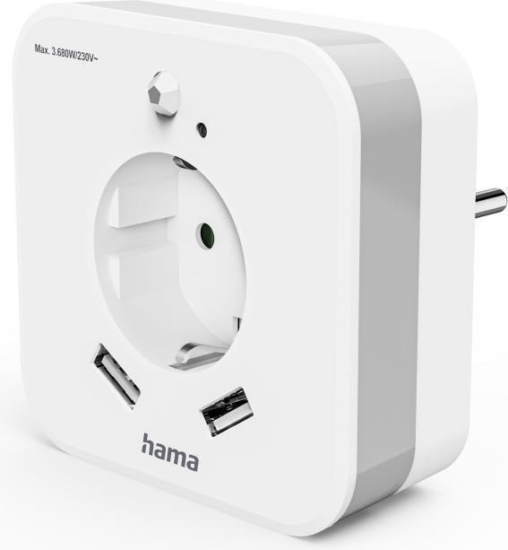 Produktbild Hama LED-Nachtlicht mit Steckdose, 2 USB-Ausgänge, Bewegungsmelder, Lichtsensor