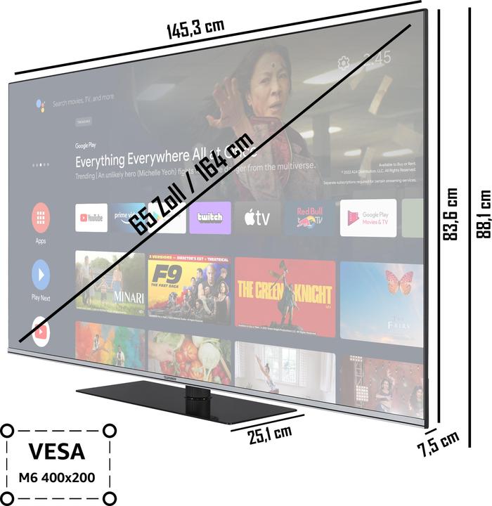 Produktbild Telefunken QU65AN900M (164 cm (65 Zoll), schwarz, UltraHD/4K, Triple Tuner, SmartTV, Android Betriebssystem) (65", QLED, 4K, 2023)
