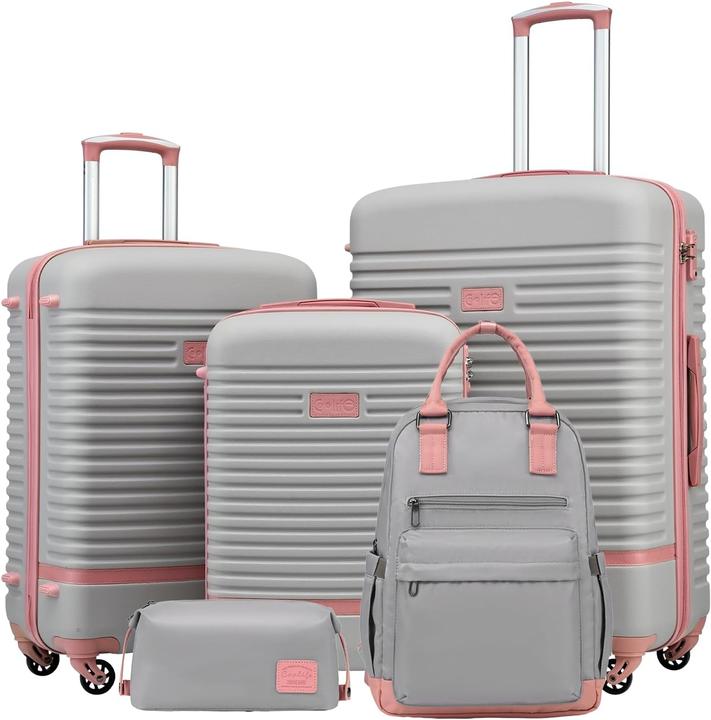 Produktbild Coolife 5-teiliges Trolley-Set mit Reiserucksack und Kulturbeutel (93 l, Handgepäck (bis 50l), M (50 - 90l), L (90 - 115l))