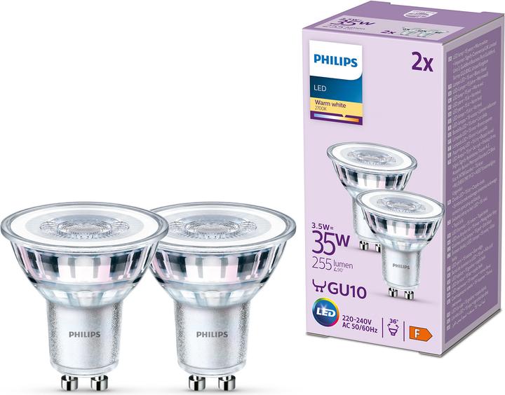 Productafbeelding Philips LED Klassiek (GU10, 3.50 W, 255 lm, 2 x, F)