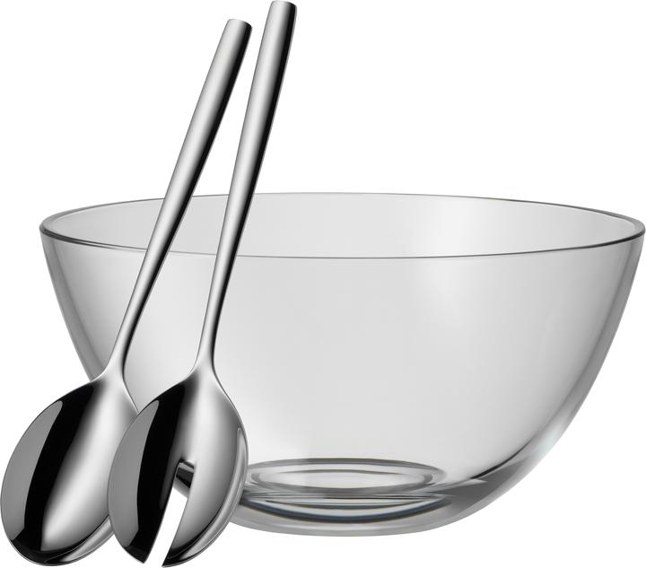 WMF Salatschüssel Set mit Salatbesteck 25cm Taverno Glas Edelstahl 18/10 poliert (23.50 cm, 2.50 l, 3 x)