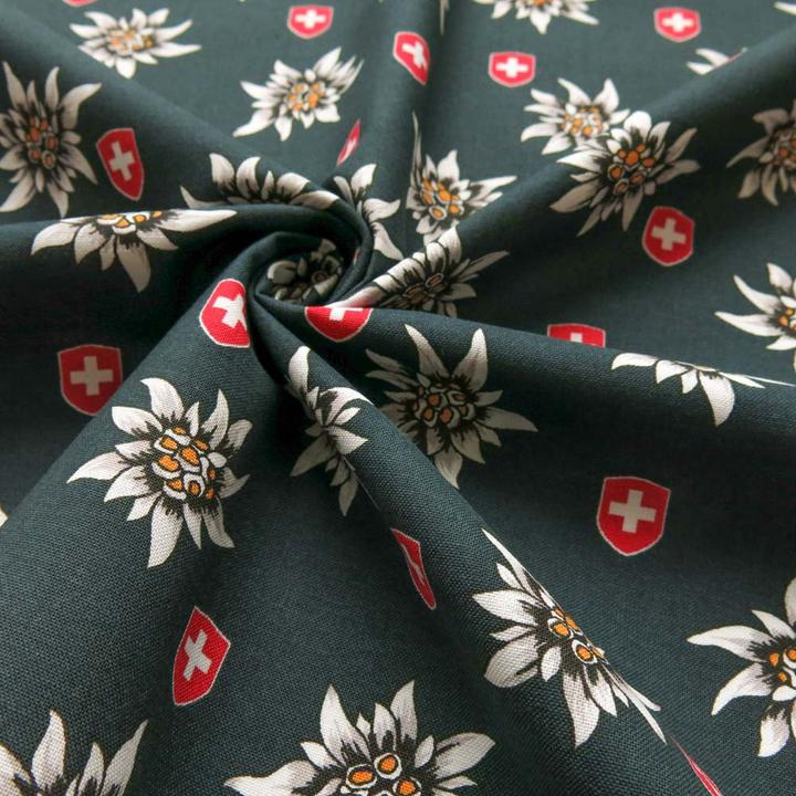Produktbild Stoffrestposten Baumwolle - Edelweiss und Schweizer Wappen auf Dunkelgrün