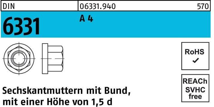 Produktbild Sechskantmutter DIN 6331 m.Bund M 10 SW 16 A 4 (M10)