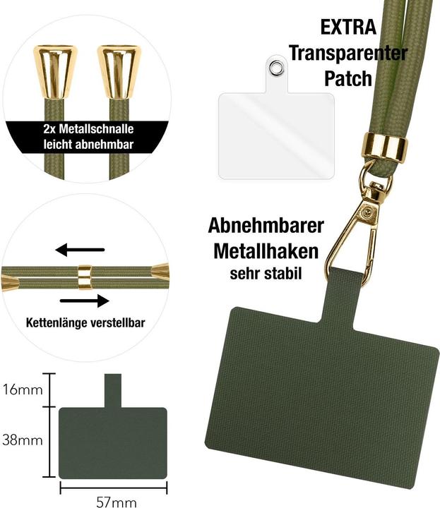 Produktbild Nalia Handyband + Pad für Hülle zum Umhängen, Karabinerhaken Anhänger aus Metall (gold)