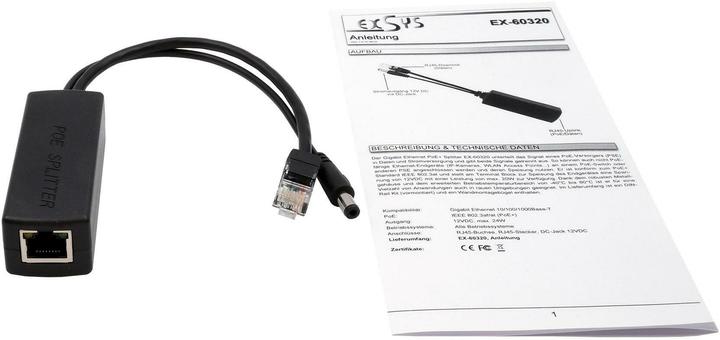 Produktbild Exsys Ethernt PoE+ Splitter 10/100Mbps 802.3at,12VDC/2A/24W (PoE Splitter)
