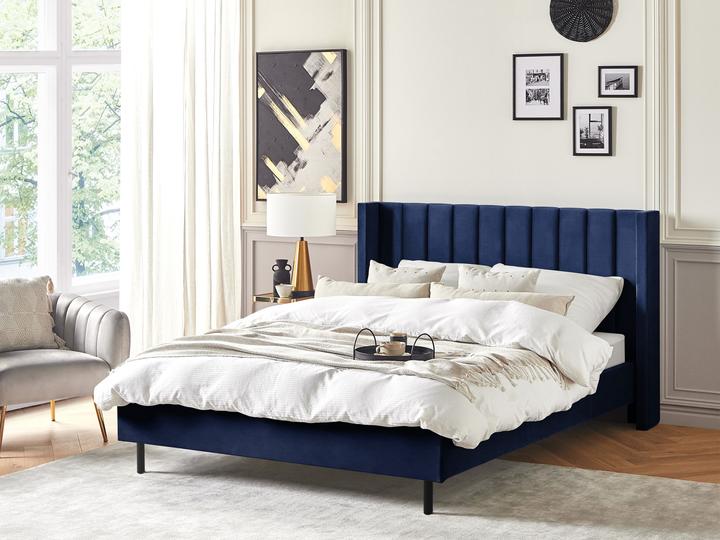 Actual product image Beliani Upholstered Bed Velvet Fabric Navy Blue Slatted Frame 160 x 200 cm VILLETTE (160 x 200 cm)