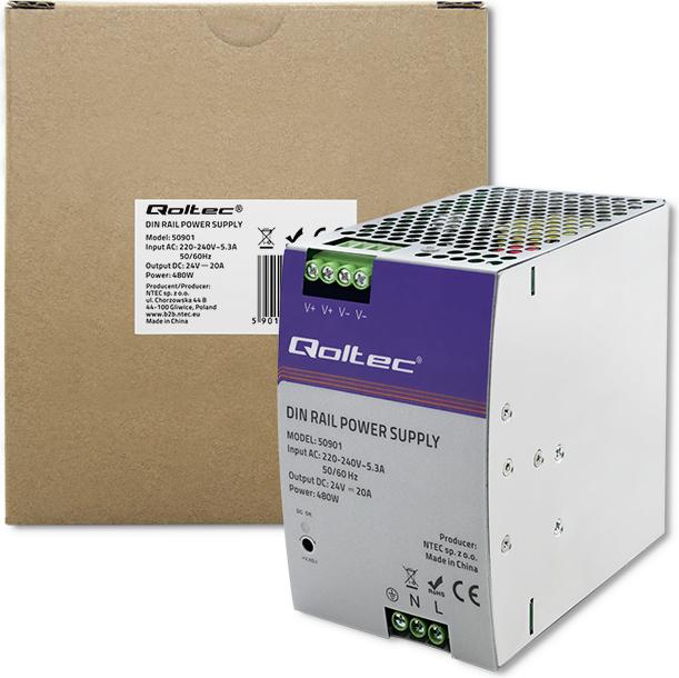 Produktbild Qoltec 50901 Industrielles DIN-Schienen-Netzteil | 480W | 24V | 20A (480 W)