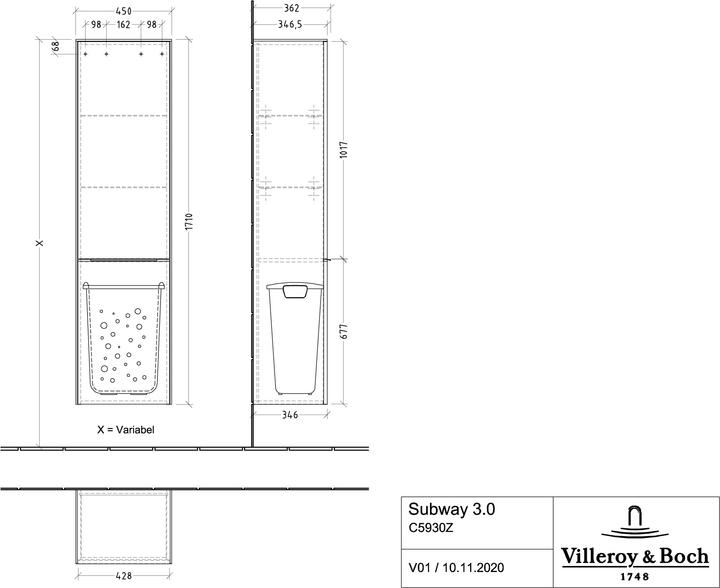 Produktbild Villeroy & Boch Subway 3.0, Hochschrank, 1 Tür Anschlag (Scharnier) rechts und 1 Wäscheklappe, C59
