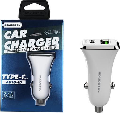 Produktbild NoName AUTOLADEGERÄT 3A+2.4A 30W WEISS SOMOSTEL 3100mA + 2100mA TYPC+USB DUAL SMS-A42 QC 3.0 PD