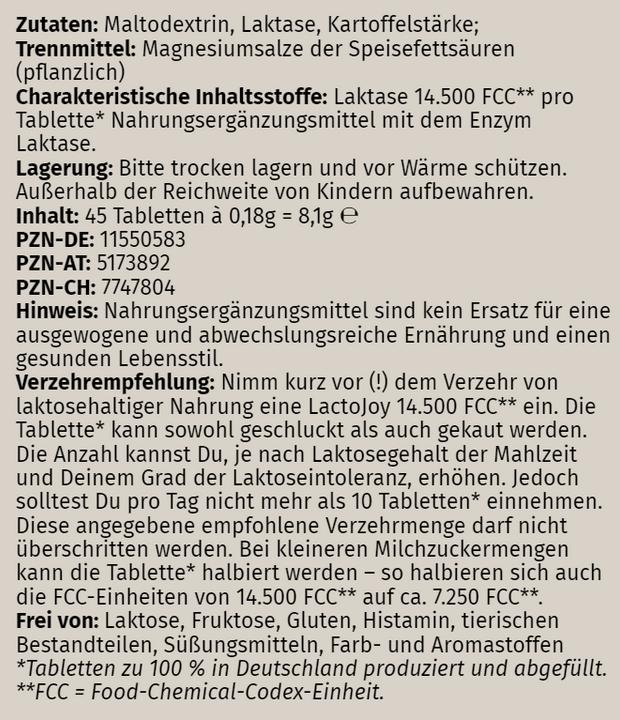 Nutritional values and ingredients Lactojoy Laktase (45 Piece, Pills)