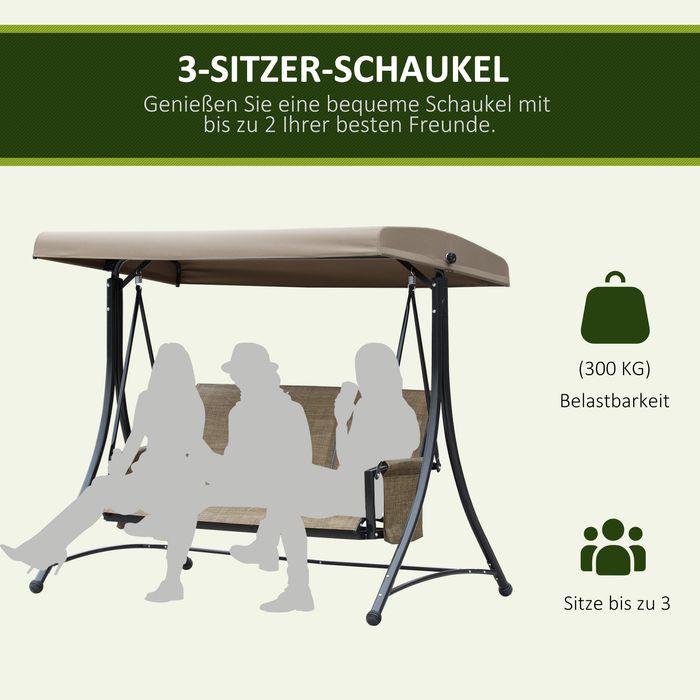 Produktbild Swisshandel24 Hollywoodschaukel, 3-Sitzer, verstellbares Sonnendach, bis 300kg, 196x128x172 cm, Braun