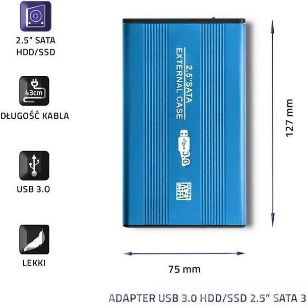 Actual product image Qoltec External Hard Drive Case HDD/SSD 2.5" SATA3 USB 3.0 Mėlyna (0.42 m, USB)